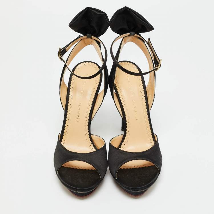 مملوكة مسبقًا Charlotte Olympia Black Satin Wallace Ankle Strap Sandals Size 36.5