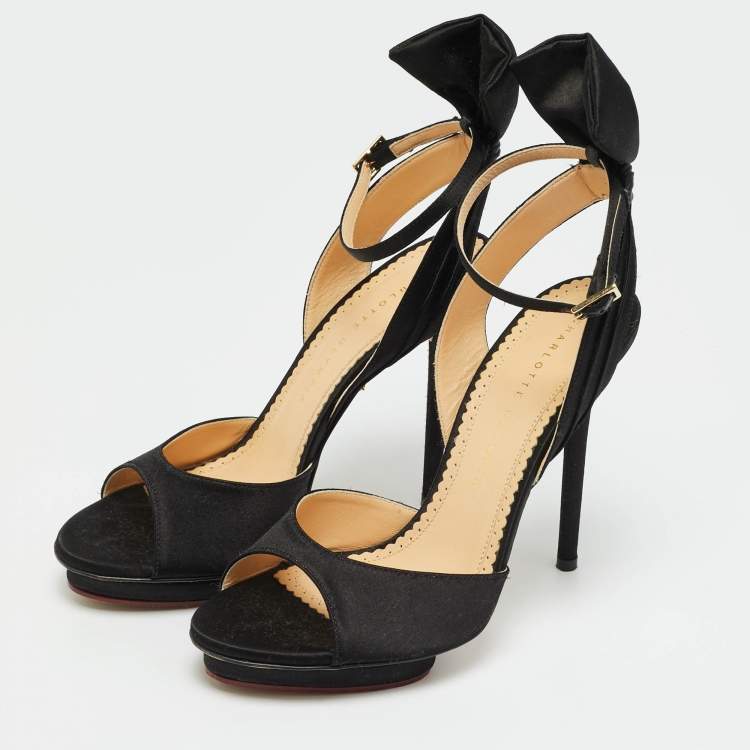 مملوكة مسبقًا Charlotte Olympia Black Satin Wallace Ankle Strap Sandals Size 36.5