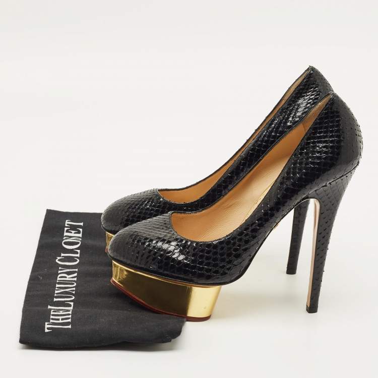 مملوكة مسبقًا Charlotte Olympia Dolly Size 38.5 Black/Gold Snakeskin Leather Platform Pumps