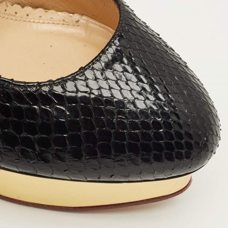 مملوكة مسبقًا Charlotte Olympia Dolly Size 38.5 Black/Gold Snakeskin Leather Platform Pumps