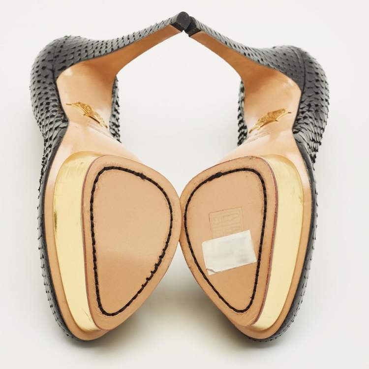 مملوكة مسبقًا Charlotte Olympia Dolly Size 38.5 Black/Gold Snakeskin Leather Platform Pumps