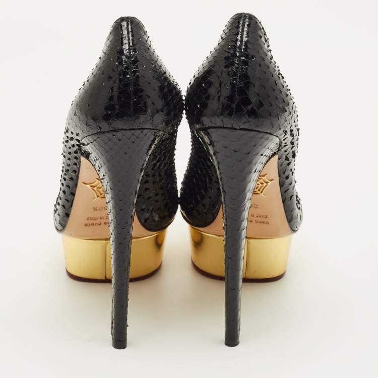 مملوكة مسبقًا Charlotte Olympia Dolly Size 38.5 Black/Gold Snakeskin Leather Platform Pumps