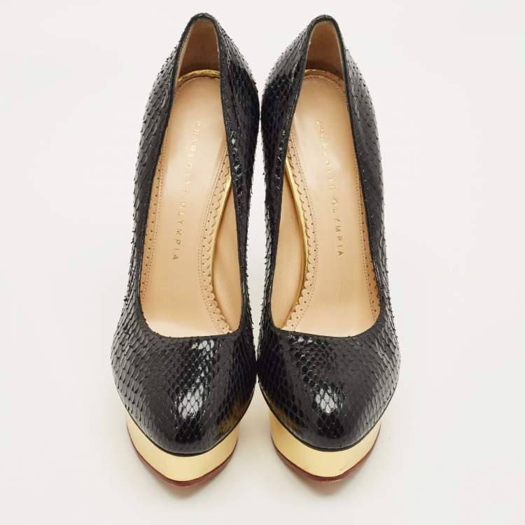 مملوكة مسبقًا Charlotte Olympia Dolly Size 38.5 Black/Gold Snakeskin Leather Platform Pumps