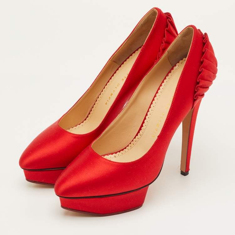 Pre Owned Charlotte Olympia Paloma Size 39 Red Satin Paloma Fan Pleat Platform Pumps