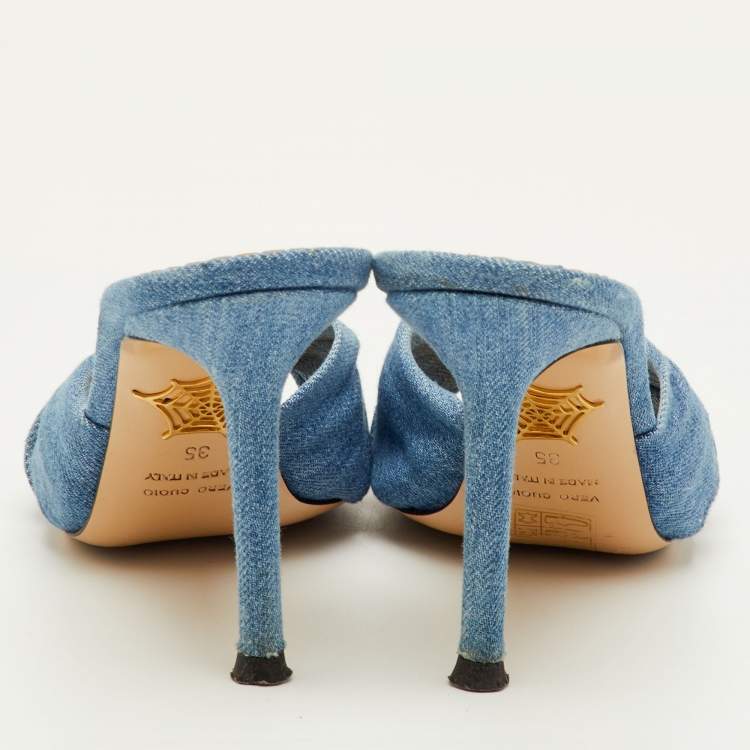 Pre Owned Charlotte Olympia Size 35 Blue Denim Knotted Slide Sandals