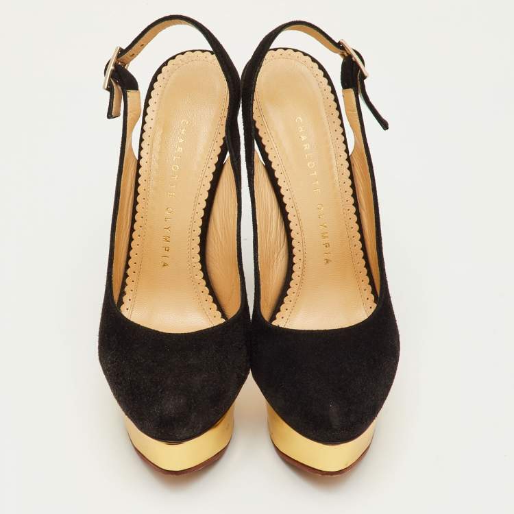 مملوكة مسبقًا Charlotte Olympia Dolly Size 36.5 Black Suede Platform Pumps