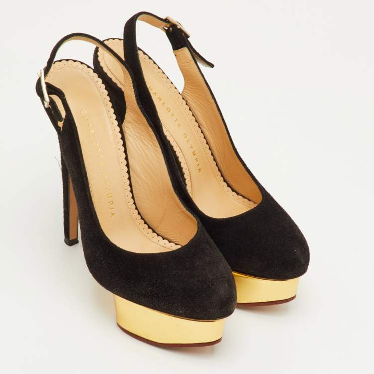 مملوكة مسبقًا Charlotte Olympia Dolly Size 36.5 Black Suede Platform Pumps