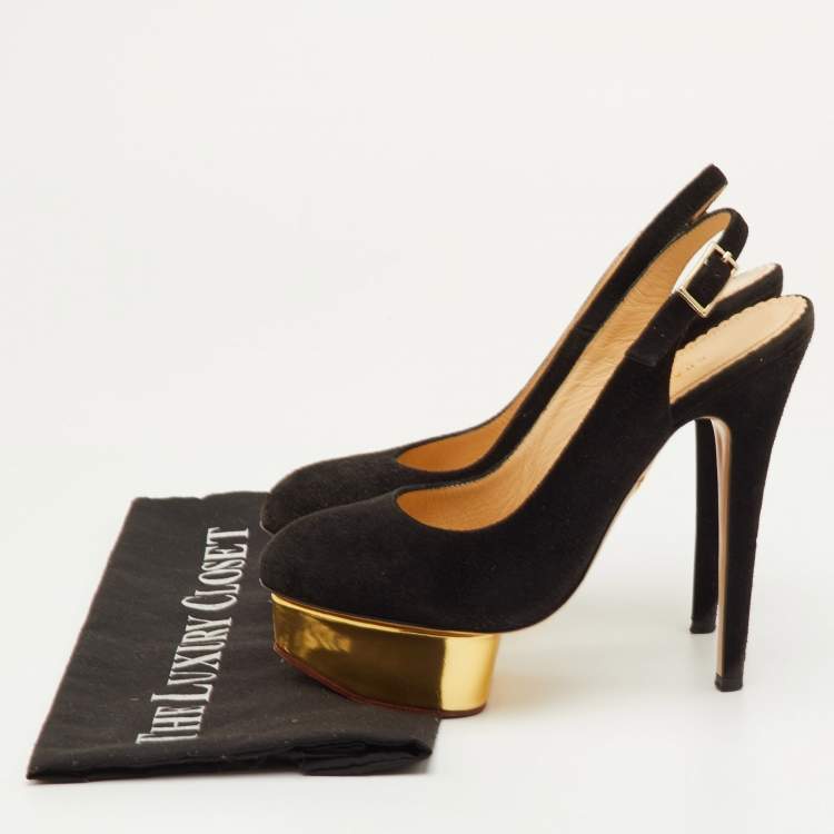 مملوكة مسبقًا Charlotte Olympia Dolly Size 36.5 Black Suede Platform Pumps