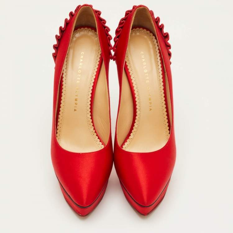 Pre Owned Charlotte Olympia Paloma Size 40 Red Satin Platform Pumps