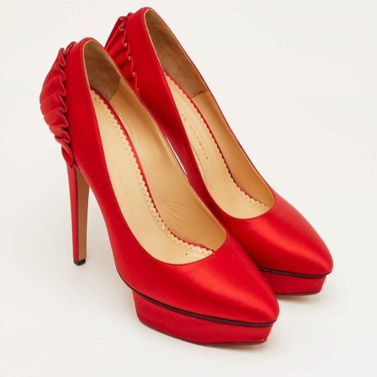 Pre Owned Charlotte Olympia Paloma Size 40 Red Satin Platform Pumps