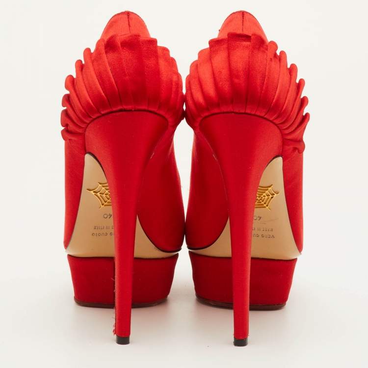 Pre Owned Charlotte Olympia Paloma Size 40 Red Satin Platform Pumps