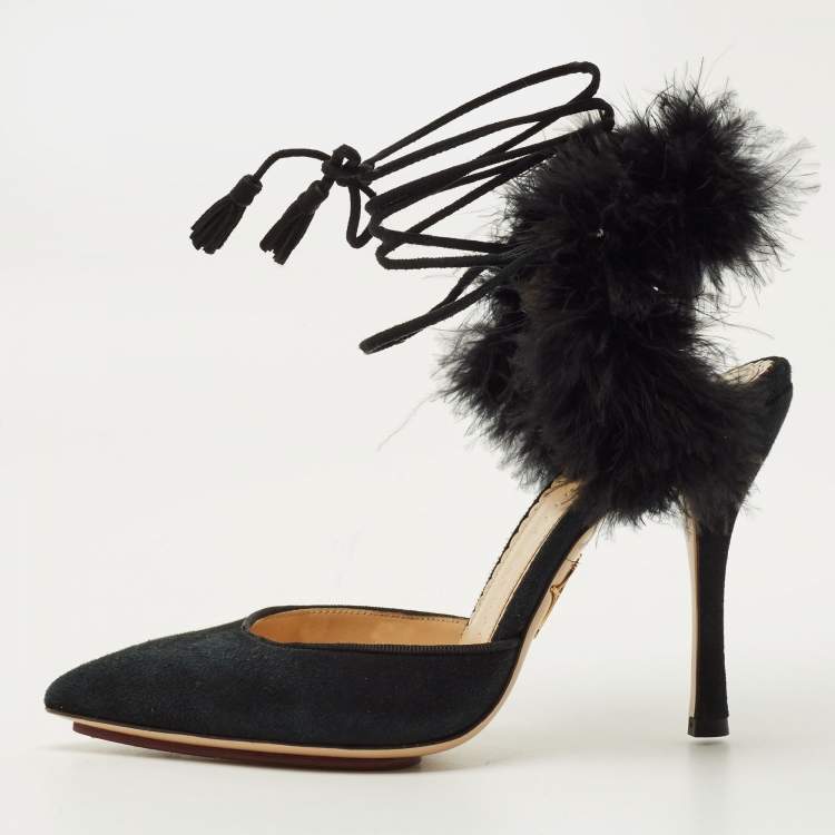 Pre Owned Charlotte Olympia Size 36 Black Ostrich Feather and Suede Pumps