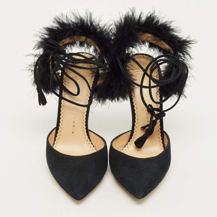 Pre Owned Charlotte Olympia Size 36 Black Ostrich Feather and Suede Pumps