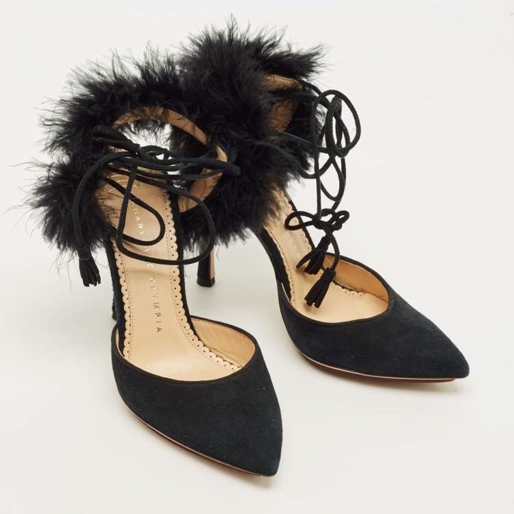 Pre Owned Charlotte Olympia Size 36 Black Ostrich Feather and Suede Pumps
