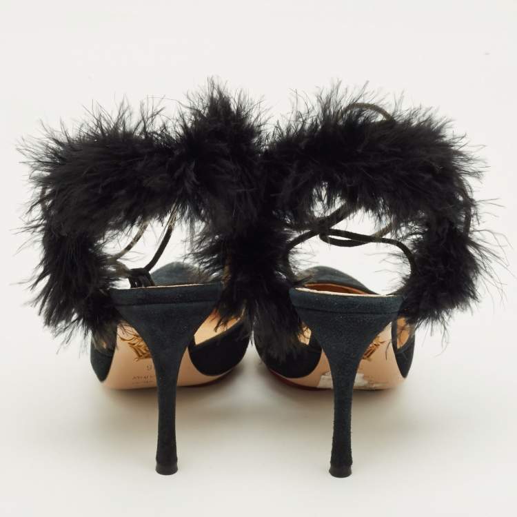 Pre Owned Charlotte Olympia Size 36 Black Ostrich Feather and Suede Pumps