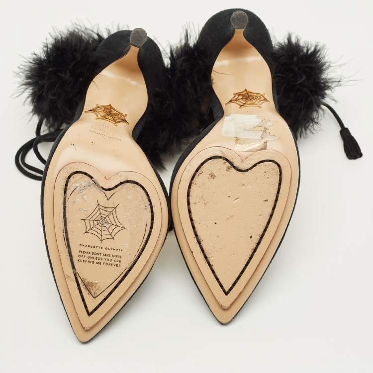 Pre Owned Charlotte Olympia Size 36 Black Ostrich Feather and Suede Pumps