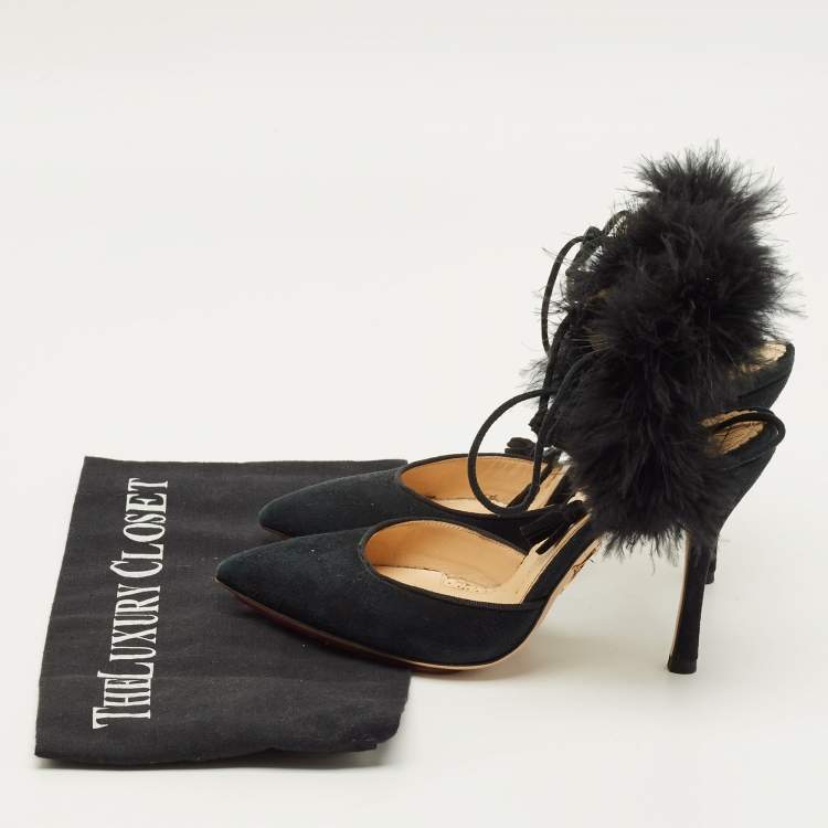 Pre Owned Charlotte Olympia Size 36 Black Ostrich Feather and Suede Pumps