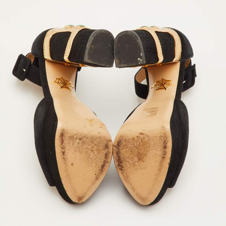 Pre Owned Charlotte Olympia Size 38 Black Suede Embellished Ankle Strap Platform Sandals