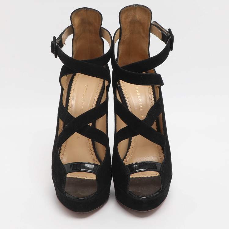 Pre Owned Charlotte Olympia Gladys Size 37 Black Suede Strappy Platform Sandals