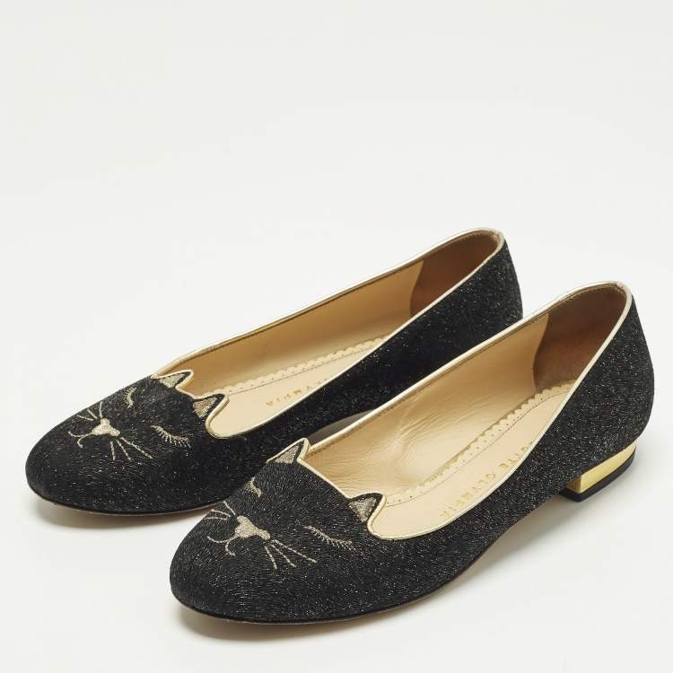 Pre Owned Charlotte Olympia Kitty Size 36 Black/Gold Lurex Fabric Ballet Flats