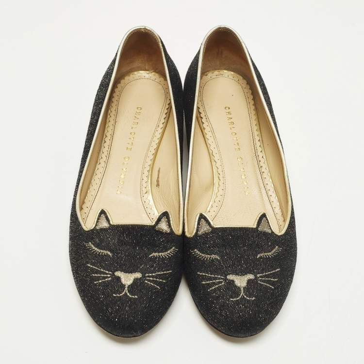 Pre Owned Charlotte Olympia Kitty Size 36 Black/Gold Lurex Fabric Ballet Flats