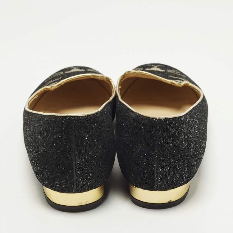 Pre Owned Charlotte Olympia Kitty Size 36 Black/Gold Lurex Fabric Ballet Flats