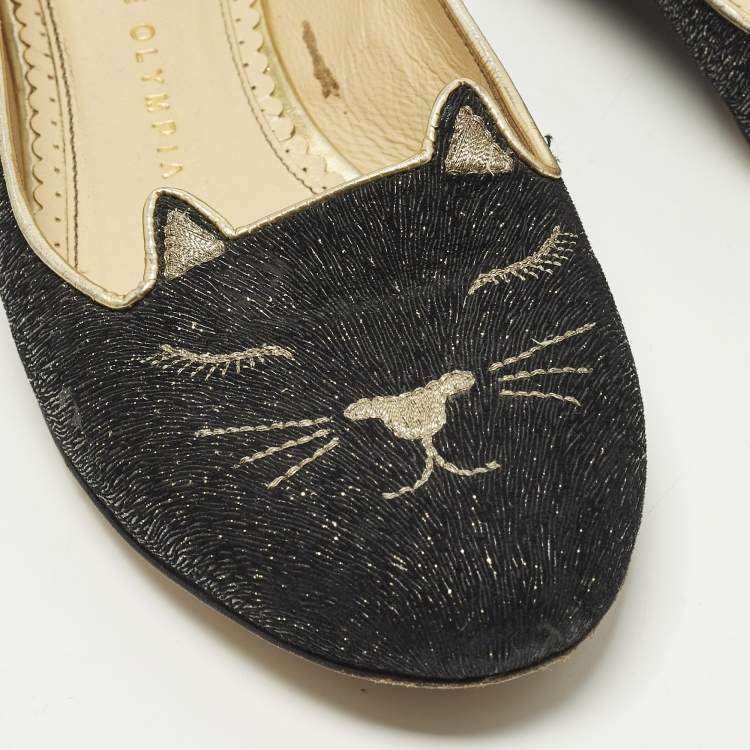 Pre Owned Charlotte Olympia Kitty Size 36 Black/Gold Lurex Fabric Ballet Flats