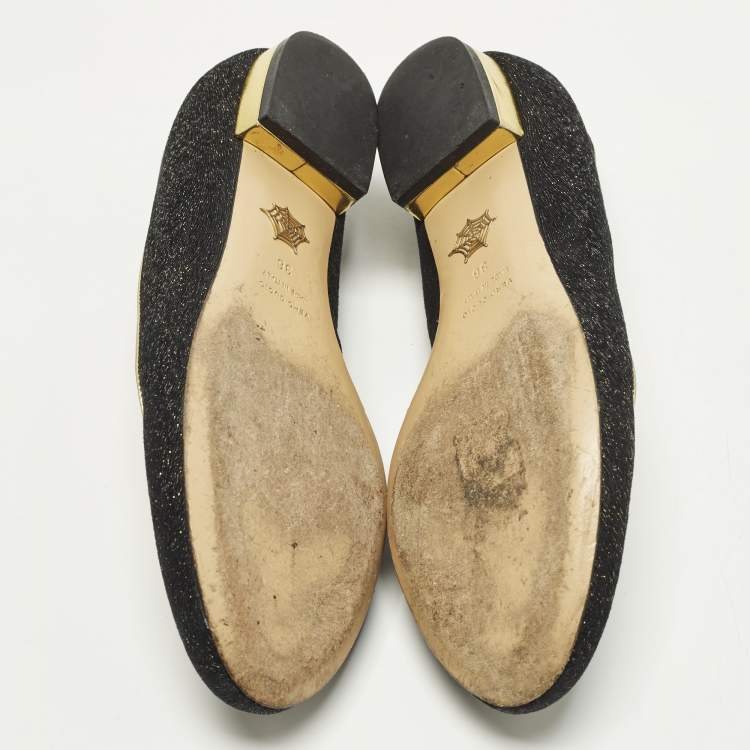Pre Owned Charlotte Olympia Kitty Size 36 Black/Gold Lurex Fabric Ballet Flats