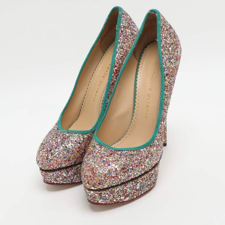 Pre Owned Charlotte Olympia Priscilla Size 39.5 Multicolor Glitter Platform Pumps