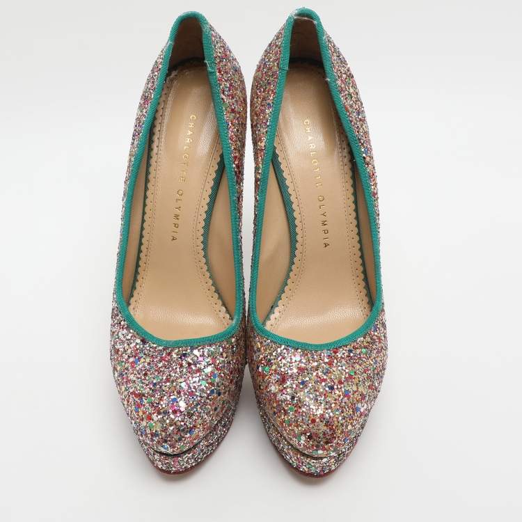 Pre Owned Charlotte Olympia Priscilla Size 39.5 Multicolor Glitter Platform Pumps