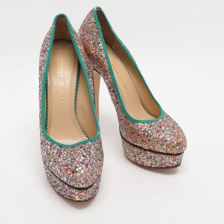 Pre Owned Charlotte Olympia Priscilla Size 39.5 Multicolor Glitter Platform Pumps