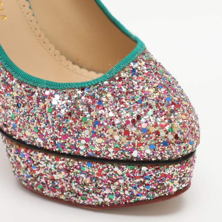 Pre Owned Charlotte Olympia Priscilla Size 39.5 Multicolor Glitter Platform Pumps