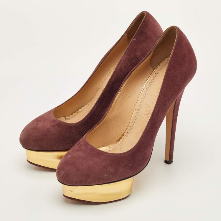 Pre Owned Charlotte Olympia Dolly Size 37.5 Burgundy Suede Platform Pumps