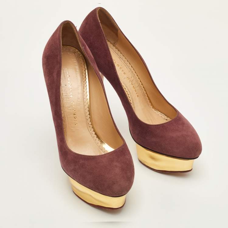 Pre Owned Charlotte Olympia Dolly Size 37.5 Burgundy Suede Platform Pumps