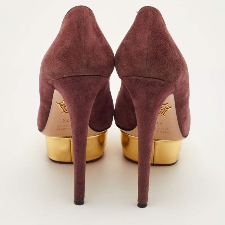 Pre Owned Charlotte Olympia Dolly Size 37.5 Burgundy Suede Platform Pumps