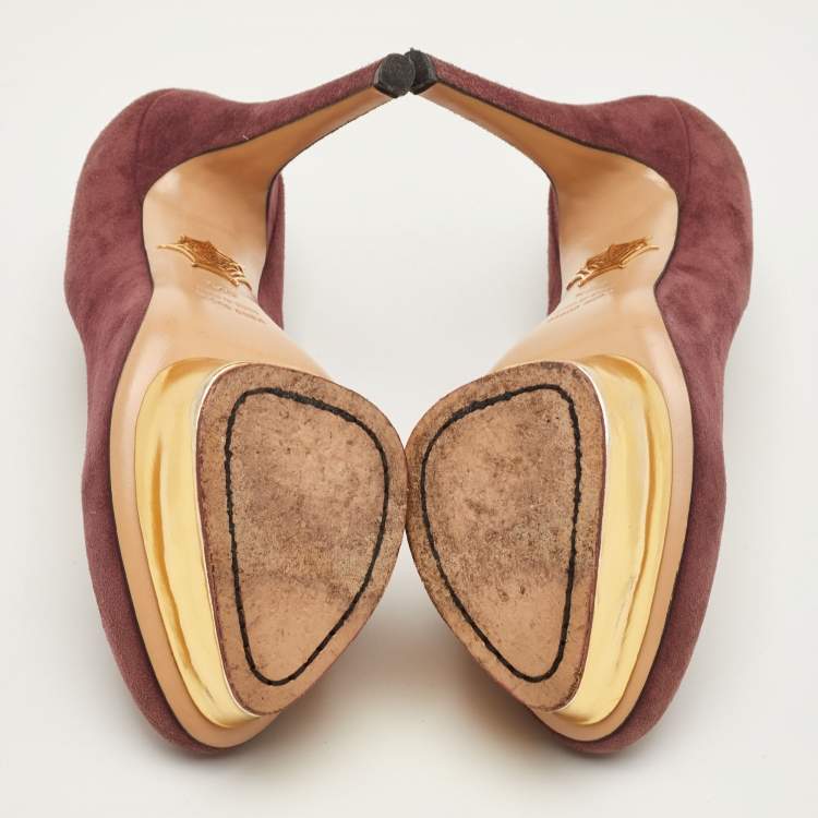 Pre Owned Charlotte Olympia Dolly Size 37.5 Burgundy Suede Platform Pumps