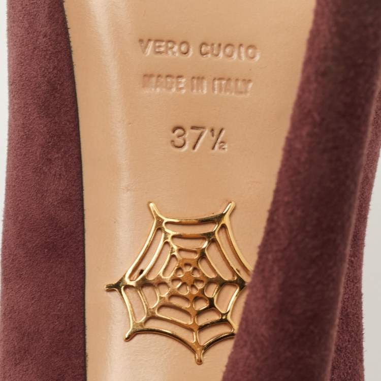 Pre Owned Charlotte Olympia Dolly Size 37.5 Burgundy Suede Platform Pumps