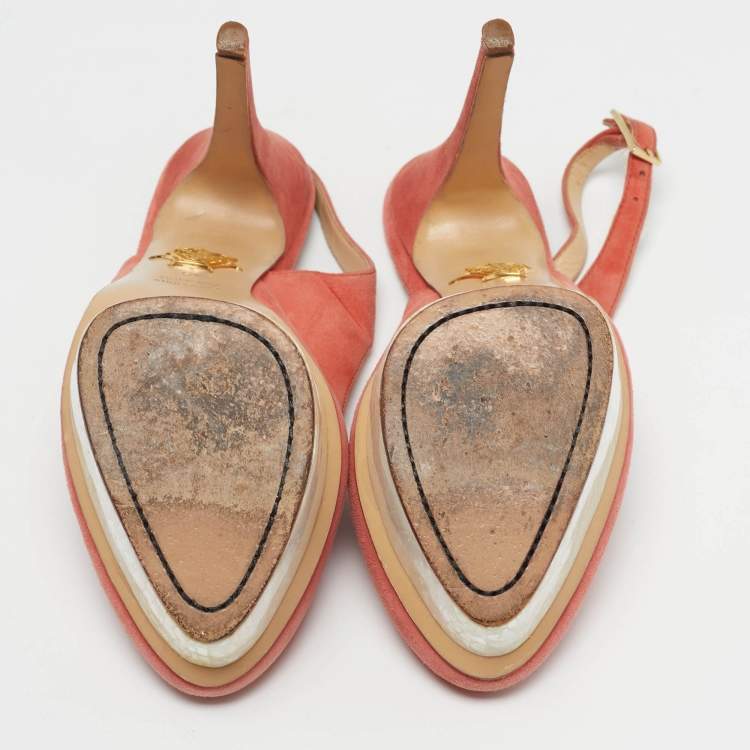 Pre Owned حذاء كعب عالي شارلوت أوليمبيا دوللي سويدي أحمر بحزام للكاحل معل سميك مقاس 40