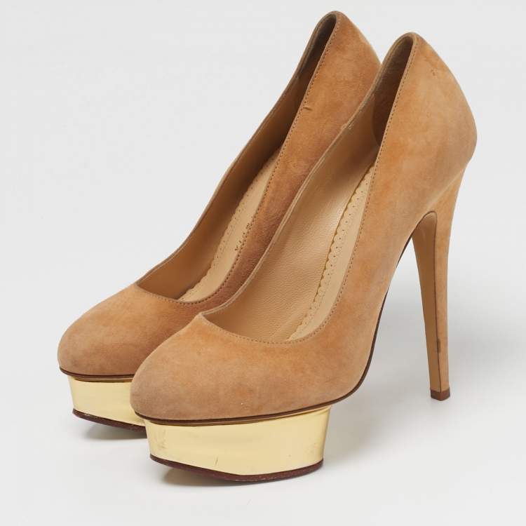 Pre Owned Charlotte Olympia Dolly Size 37.5 Beige Suede Platform Pumps