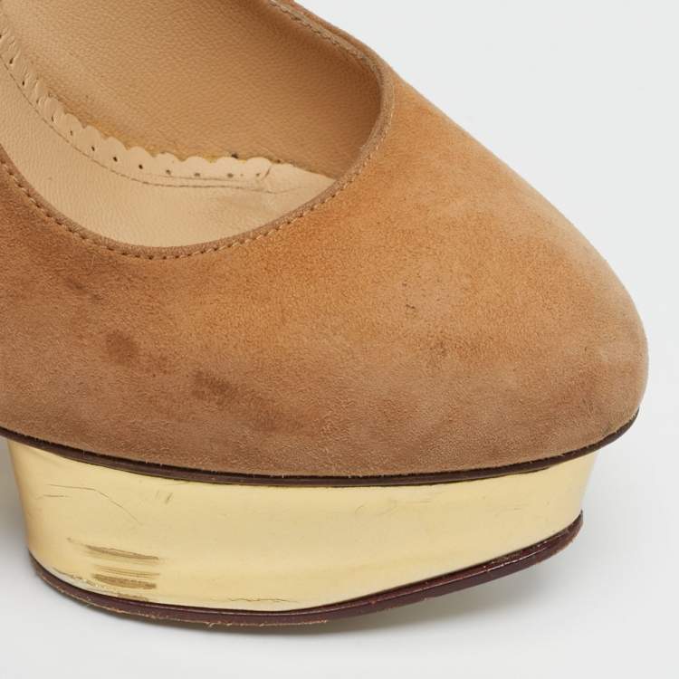 Pre Owned Charlotte Olympia Dolly Size 37.5 Beige Suede Platform Pumps