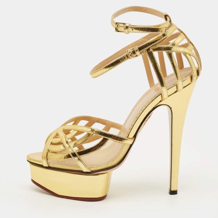 Pre Owned Charlotte Olympia Size 37 Gold Leather and Mesh Ankle Strap Sandals