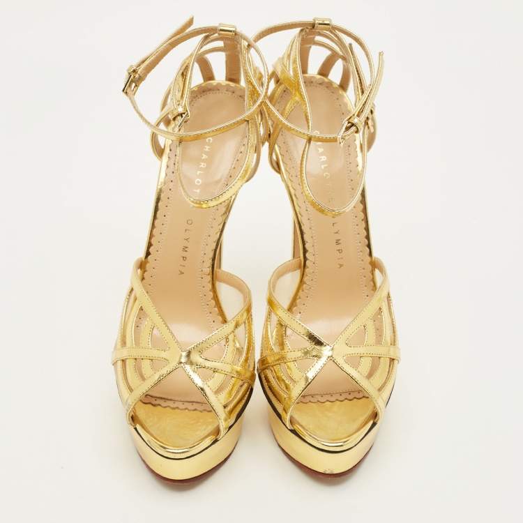 Pre Owned Charlotte Olympia Size 37 Gold Leather and Mesh Ankle Strap Sandals