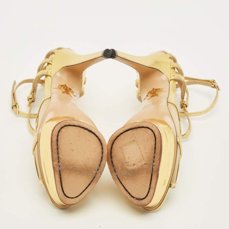 Pre Owned Charlotte Olympia Size 37 Gold Leather and Mesh Ankle Strap Sandals