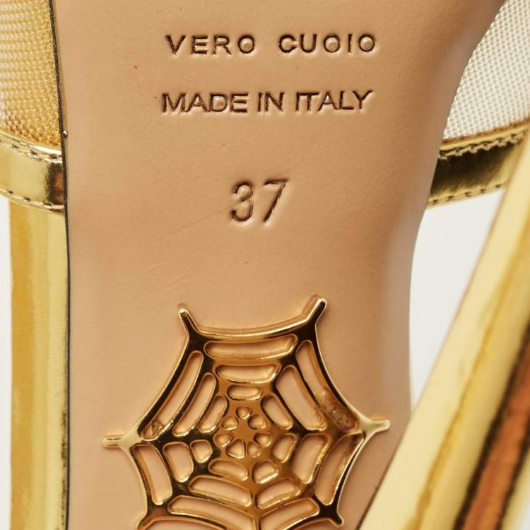 Pre Owned Charlotte Olympia Size 37 Gold Leather and Mesh Ankle Strap Sandals