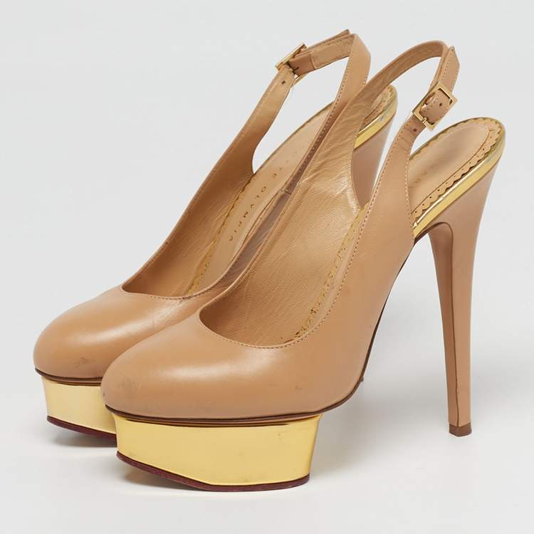 Pre Owned Charlotte Olympia Dolly Size 37 Beige Leather Platform Slingback Pumps