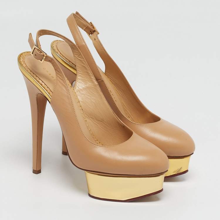 Pre Owned Charlotte Olympia Dolly Size 37 Beige Leather Platform Slingback Pumps