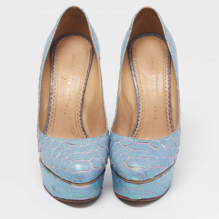 Pre Owned Charlotte Olympia Dolly Size 37 Blue Python Platform Pumps