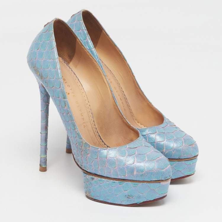 Pre Owned Charlotte Olympia Dolly Size 37 Blue Python Platform Pumps