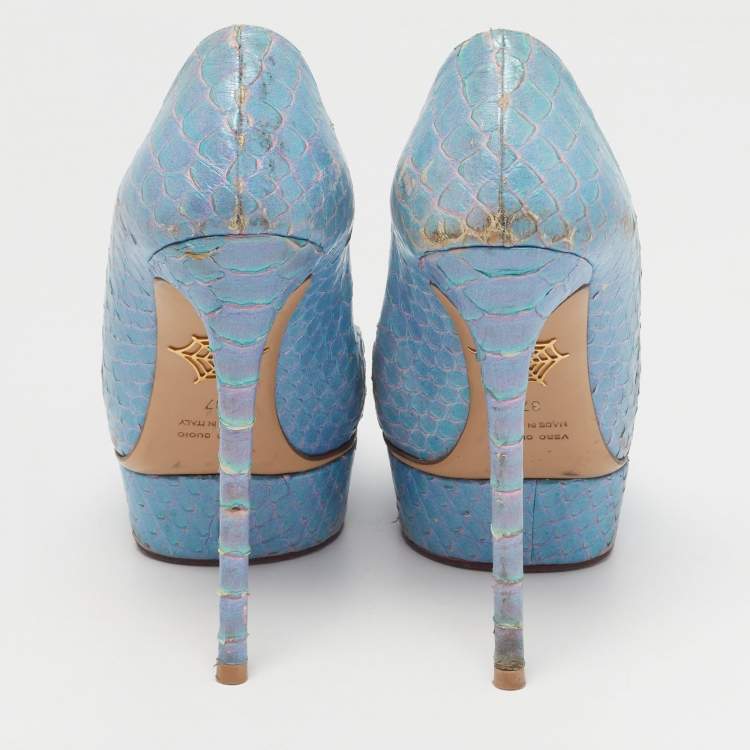 Pre Owned Charlotte Olympia Dolly Size 37 Blue Python Platform Pumps