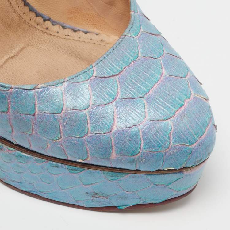 Pre Owned Charlotte Olympia Dolly Size 37 Blue Python Platform Pumps
